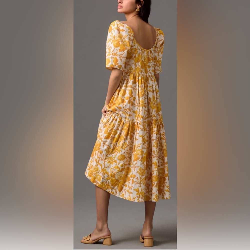Anthropologie Yellow Tiered Poplin Floral Midi Dress